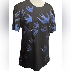 VUS Black T-Shirt with Blue Rhinestone Swallow Bird Pattern Unisex Graphic Tee